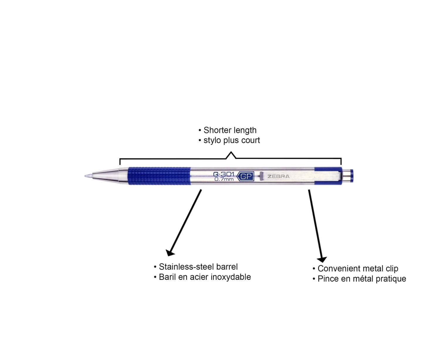 Zebra G-301 Retractable Stainless Steel Gel Pen - Blue ink, Point size: 0.7mm
