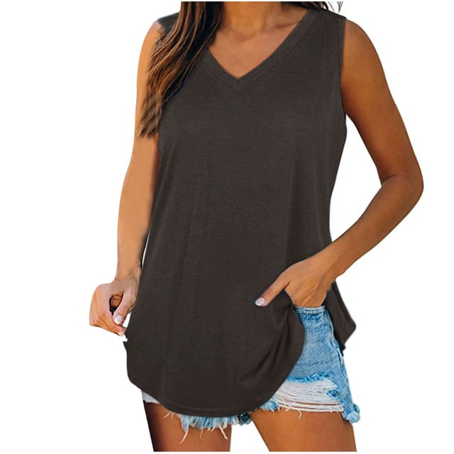 AherBiu Womens Tank Tops V Neck Basic Solid Color Tops Flowy Loose Fitted Summer Sleeveless Camis Shirts
