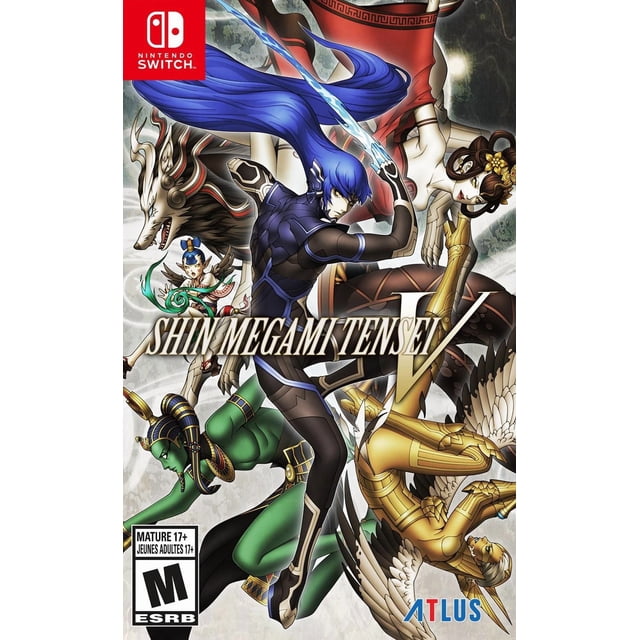 Shin Megami Tensei V Standard Edition (Nintendo Switch) front cover art on the Switch game case showing a stylized Nahobino protagonist amid demonic silhouettes and a ruined Tokyo skyline; SEGA logo visible on the case, often displayed by collectors.