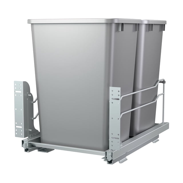 Rev-A-Shelf Double Pullout 35 qt. with Soft-close, featuring two silver 35-quart garbage bins mounted on a durable powder-coated steel frame with heavy-gauge wire construction. Designed for cabinet openings 14.5 to 18 inches wide, this pullout trash can system includes an undermount soft-close full-extension slide system for smooth operation and easy access to the rear bin. Includes mounting hardware and door mount brackets for installation.