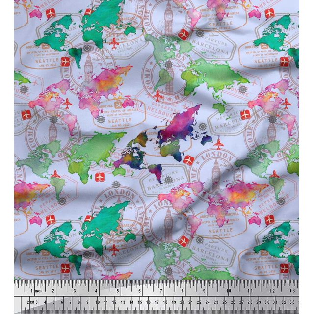 Soimoi Blue Modal Satin Fabric Stamp & World Map Fabric Prints By Yard 42 Inch Wide