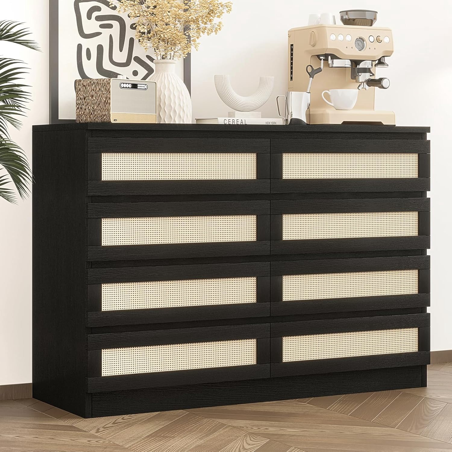 8 Drawer Double Dresser for Bedroom, Rattan Chest of Dressers, Modern Wooden Dresser Chest, Beside Table for Closet, Nursery, Living Room and Entryway, Black
