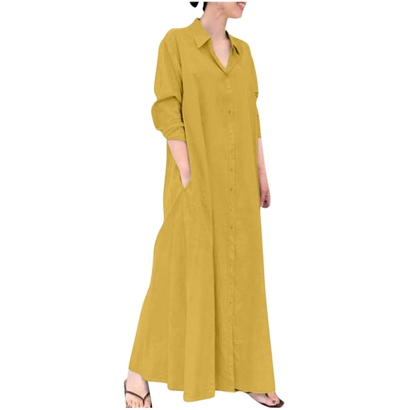 QUYUON Tea Length Dresses for Women Clearance Cotton Linen Turndown Collar Long Sleeve Pocket Loose Long Shirt Dress Tea Length Evening Dresses Lapel Ankle Length Bodycon Dress Style D-18172 Yellow L