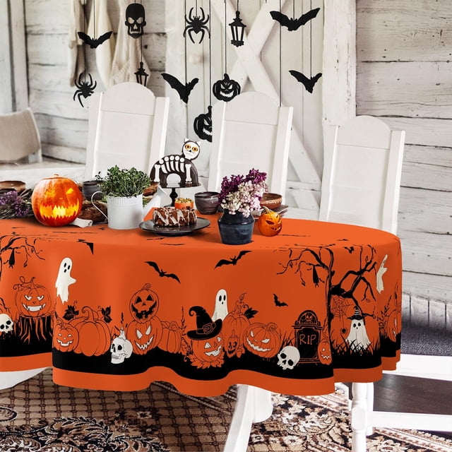 Oval Halloween Tablecloth 60x102In,Orange Pumpkin Skull Ghost Tablecloths,Polyester Waterproof Wrinkle-Resistant and Durable Table Cloth,Suitable for Halloween,Parties,Holiday,Kitchens