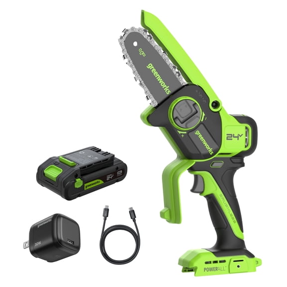 Greenworks Scie à Tailler Sans Balais 24V 4 Pouces (Graisseur Auto), Batterie 2,0ah et Chargeur Type-C 30W (Cordon 3 Pi)
