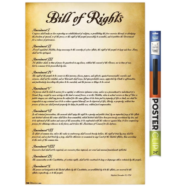 Les États-Unis d'Amérique - Affiche Murale de la Déclaration des Droits, 22,375 Pouces x 34 Pouces, Affichant le Texte Complet des Dix Premiers Amendements en script Noir sur un Fond beige de Style Parchemin, Imprimée sur Papier Lustré. Comprend une Pince d'Affiche de 24 Pouces Trends International, Convient à la Déco Maison Ou à un Usage Éducatif.