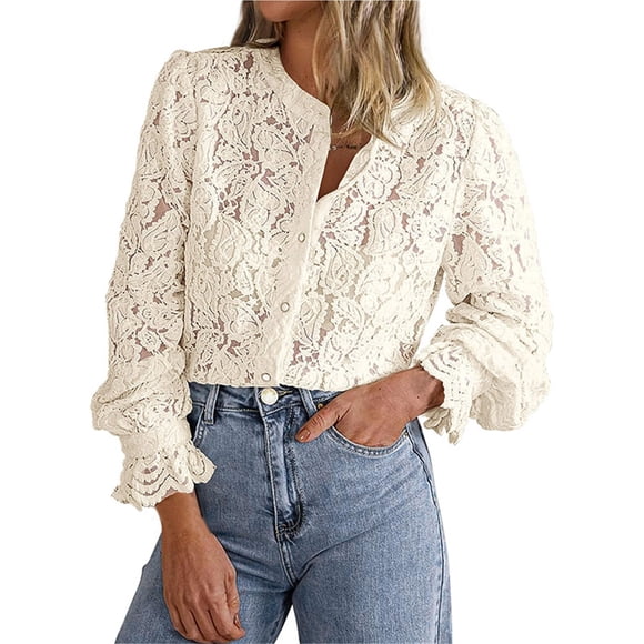 Articles en Liquidation Chemises pour Femmes Jupe pour Dames Blouse en Dentelle Décontractée pour Femmes Manches Longues Chemises Boutonnées Hauts Vêtements de Mode d'Automne