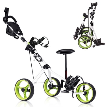Costway Chariot de Golf Pliable à 3 Roues à Pousser et Tirer avec Siège, Tableau d'Affichage, Sac, Pivotant