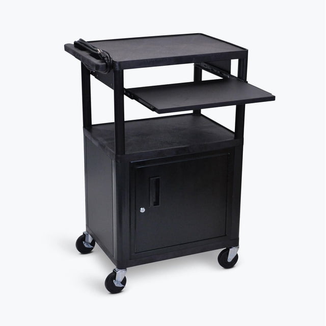 Luxor 42"H AV Cart - 3 Shelves, Cabinet, Front Pullout Shelf