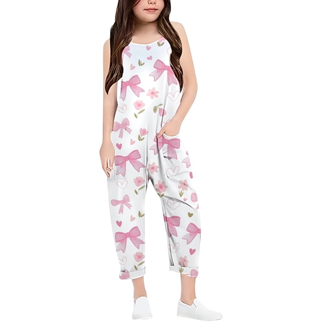 Girls Overall Bow Print Jumpsuits Rompers for Girls Spaghetti Strap Rompers with Pockets Summer Clothes for Girls 11-12 Y
