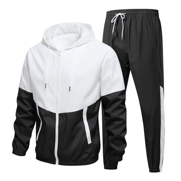 WRKEKC Men's Zipper Front Sweatshirt and Pants Set, Splicing Design Tracksuit for Sports and Casual Wear Black 6XL