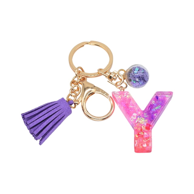 Hangs Pendant 2 Resin Glittering Letter Keychain with Color Stitching Flowing Design Purple Drop Glue English Character Key Chain