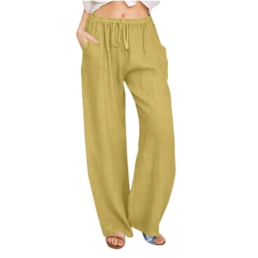 Timegard Cotton Linen Pants for Women Elastic Waist Drawstring Fall Travel Casual Pants with Pockets