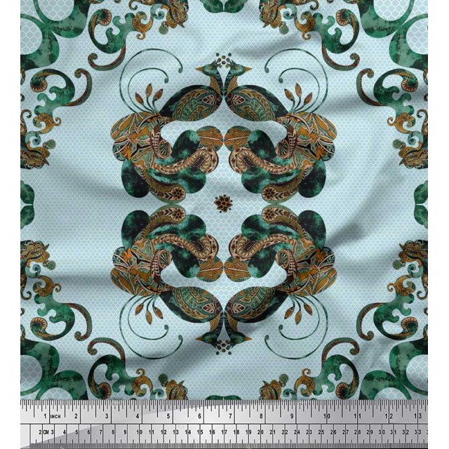 Soimoi Rayon Fabric Quatrefoil & Peacock Bird Print Fabric by Yard 42 Inch Wide