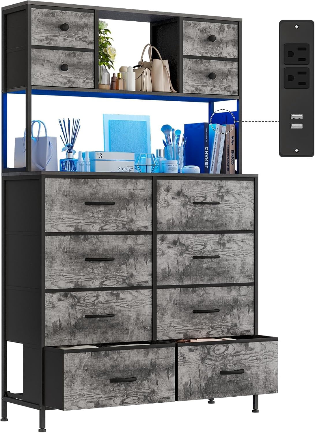 Dresser for Bedroom with 12 Drawers, Chest of Drawers for Bedroom Clearance, Bedroom Dresser, Fabric Drawer and Wooden Top with Steel Frame for Living Room