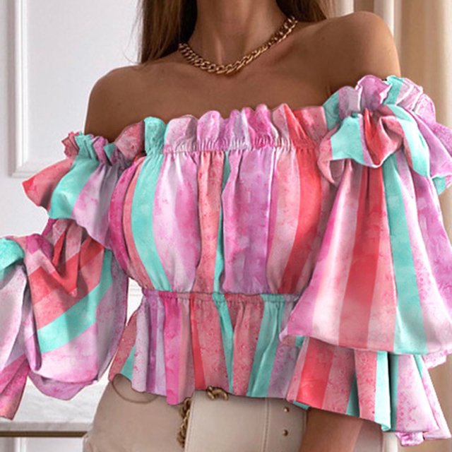 CEHVOM Ladies Summer Fashion One-Shoulder Three-Quarter Sleeve Print Chiffon Top