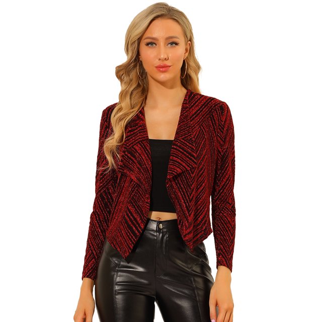 INSPIRE CHIC Cardigan Court à Manches Longues Scintillantes Col Drapé pour Femmes Rouge P