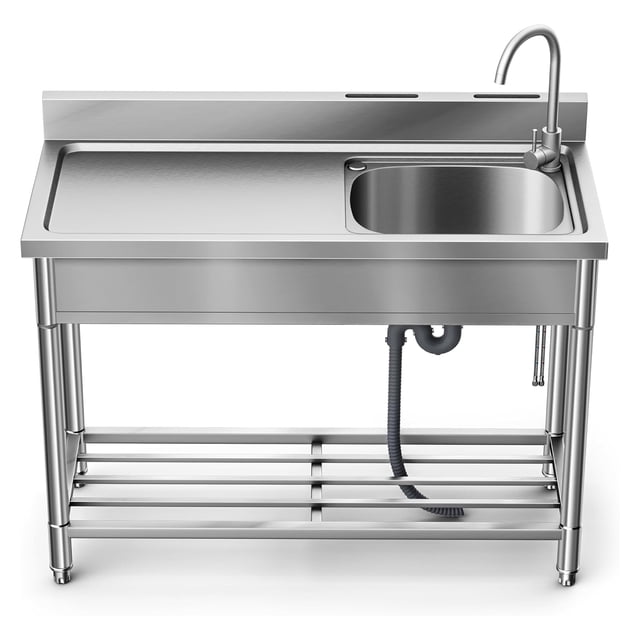 BeesClover Free Standing Utility Sink, Stainless Steel Single Bowl Sink with Under Storage Drainboard, Cold and Hot Water Pipe and Faucet, Commercial Kitchen Sinks for Garage, Restaurant, Laundry Room