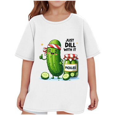 Virmaxy (2-14 Years Old)Pickle Letter Printed Shirt For Toddler Boys Girls Casual Printed Gherkin Pattern T-Shirt Kids Spring Summer Loose Short Sleeve Crew Neck Top White-5 7 Years