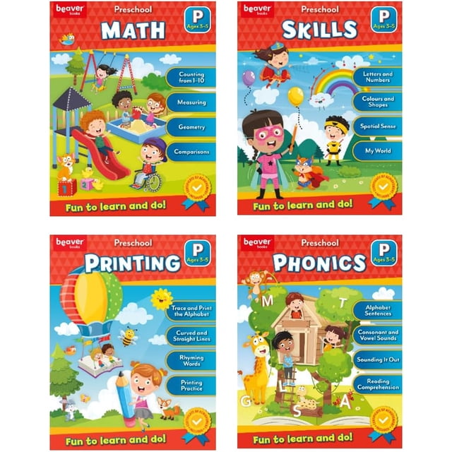 PAPP Preschool Learning Workbooks Bundle Series (Ages 3-5) featuring four colorful workbooks: Math, Skills, Printing, and Phonics. Each workbook includes engaging activities such as counting, measuring, geometry, letters, numbers, shapes, tracing, and reading comprehension. Designed for preschoolers, these workbooks have vibrant illustrations and fun exercises to build foundational skills. Includes a certificate of achievement for completing activities.
