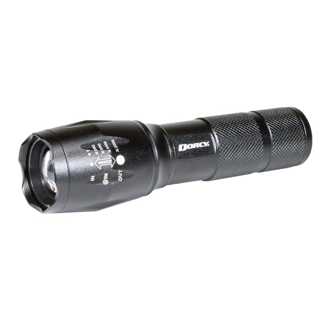 Dorcy Ultra HD Rechargeable Flashlight in black aluminum with textured grip and zoom focus markings, offering 200 lumens brightness, 185-meter beam distance, USB rechargeable lithium-ion battery, and power bank capability, suitable for emergency preparedness.