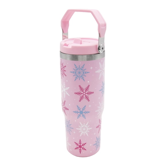 Gobelet isotherme en acier inoxydable Holiday Snowflakes avec paille à rabat et anse, rose, par Holiday Time