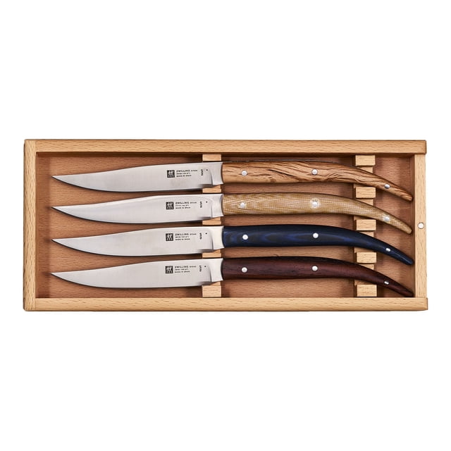 ZWILLING Ensembles de Steak 4 Pcs Toro Couteaux à Steak, Ensemble de Couverts Haut de Gamme avec Lames en Acier au NITRIUM Estampées avec Précision et Poignées Ergonomiques en Micarta beige, Micarta Bleu, Chêne holm et Bois de Palisandre. Présenté dans une Caisse en Bois pour un Rangement Sécuritaire.