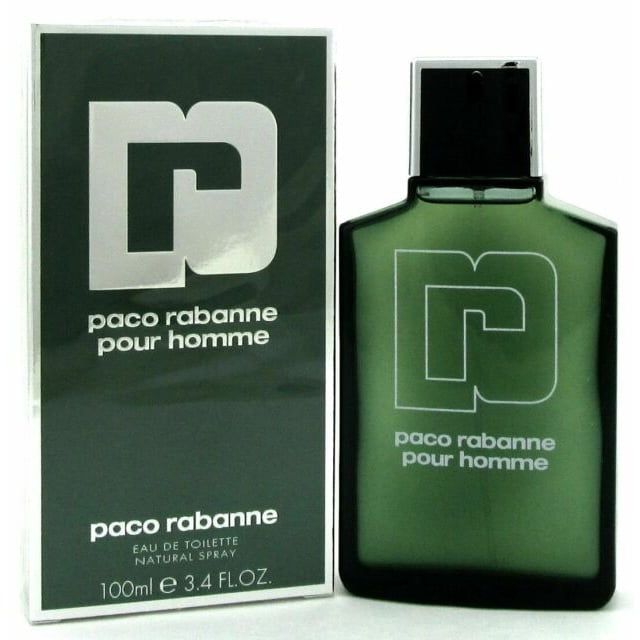 Paco Rabanne By Paco Rabanne Eau De Toilette Spray 3.4 oz, featuring a green glass bottle with a black cap and the iconic Paco Rabanne logo. The packaging displays the same logo and product details, emphasizing its sharp, spicy, lavender, and amber fragrance blend. Designed for men and recommended for daytime wear.