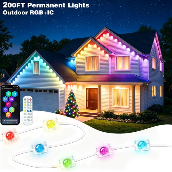 Guirlandes Lumineuses Extérieures Permanentes de 200 Pi RVB+IC, Lumières d'Avant-toit Étanches IP67 avec Application et Télécommande, Synchronisation Musicale, Minuterie, Installation Facile pour Ligne de Toit de Patio, Jardin, Terrasse, Clôture
