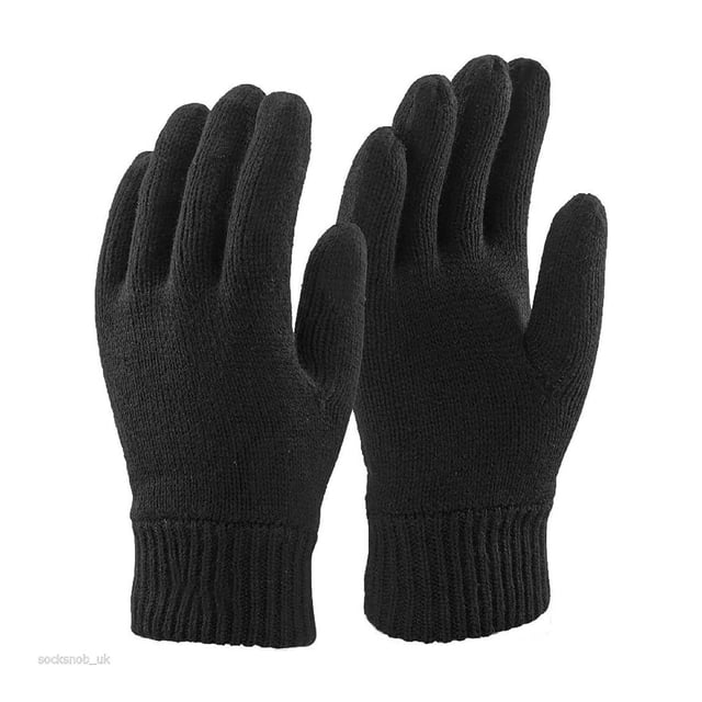 Mens 3M Black Thinsulate Thermal Lined Winter Gloves with Thermatec 3M insulation and 40-gram thermal lining. These black knit gloves are ideal for extreme winter conditions, offering total protection against the elements and twice the warmth of comparable materials. Perfect for men's winter accessories.