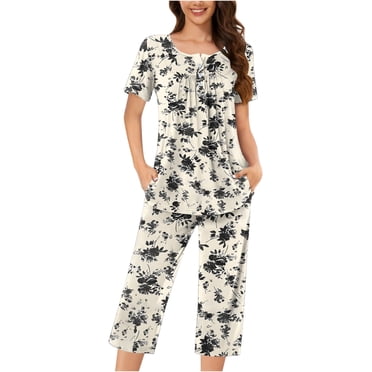 Tnhcen Women's Summer Nightwear Set Short Sleeve Shirt And Pajama Pants 2 Piece Ladies Pjs Sets