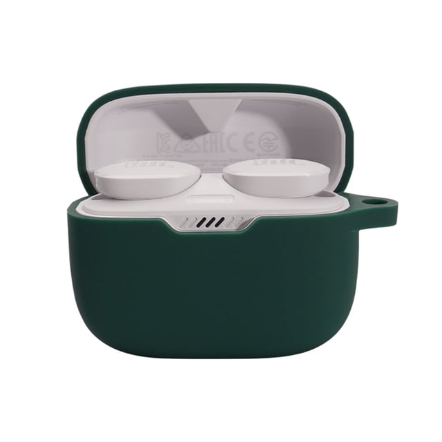 EDTara soft silicone protective case compatible for JBL Tune T130nc TWS wireless Bluetooth earphones, designed in dark green with anti-lost storage functionality. This earphone case measures 74.2x52.2x30.3mm and includes a buckle for portability, ideal for protecting and organizing earphones.