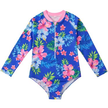 Yanlir Kids Girls Rash Guard Swimsuit Long Sleeve Floral Print Bathing Suit Toddler Fashion Zipper Pullover Swimwear 4-12 Years(Blue,7 Years)