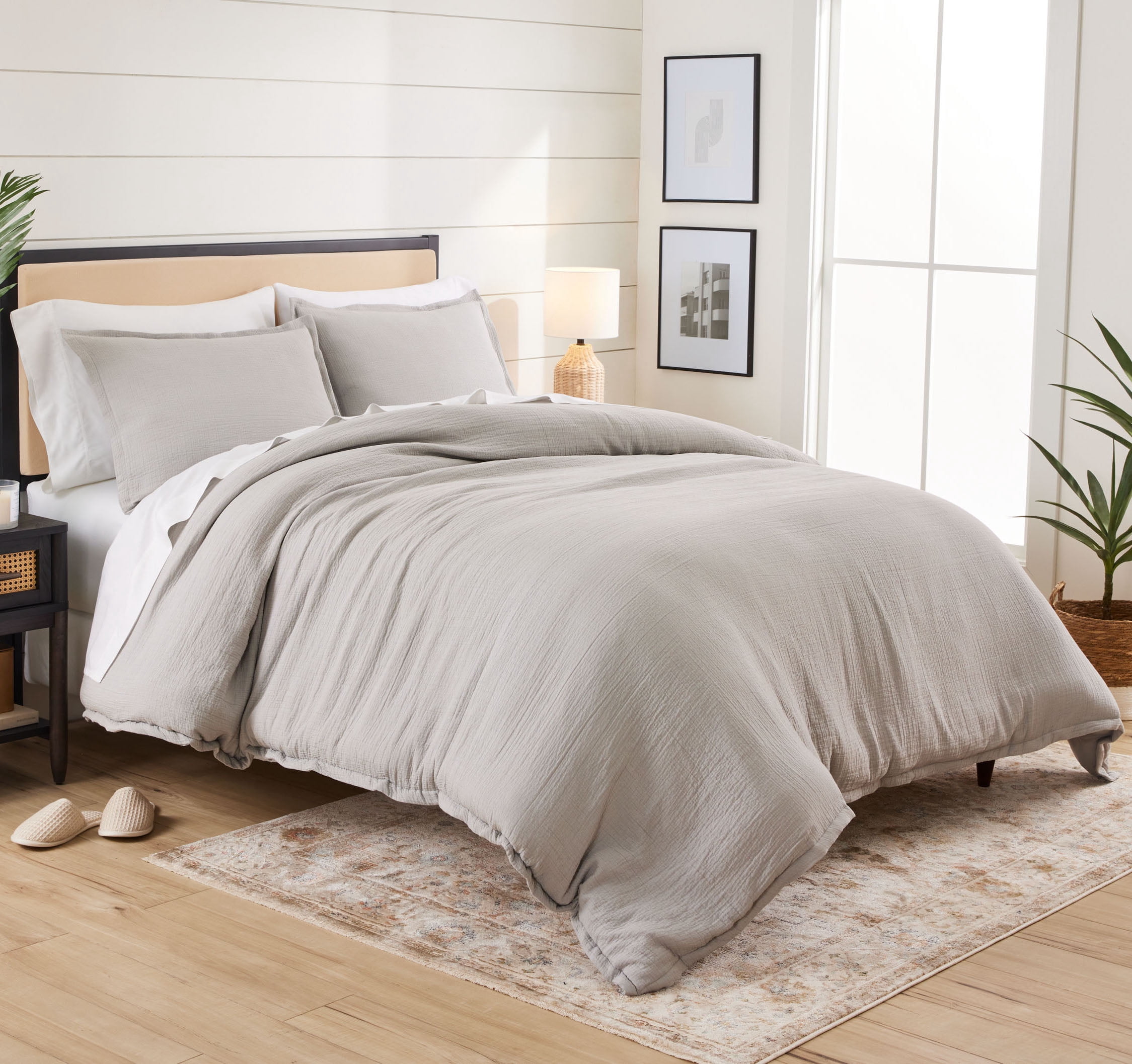 Better Homes & Gardens Ensemble de housse de couette froissée en gaze douce couleur argent, 3 pièces, Adulte Double/Queen