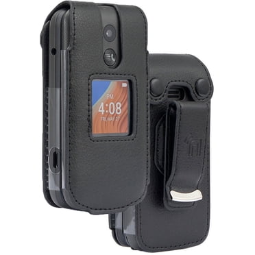 Case for Alcatel TCL Flip 2 Phone (2022), Nakedcellphone [Black Vegan Leather] Form-Fit Cover with [Built-In Screen Protection] and [Metal Belt Clip] for T408DL / TFALT408DCP