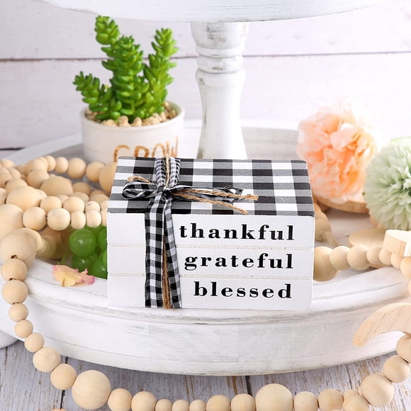 Farmhouse Wooden Stacked Decorative Books, Thankful Grateful Blessed Black and White Plaid Stacked Books for Living Room Coffee Table Decor, Bookshelf Entry Way Tiered Trays Decorations