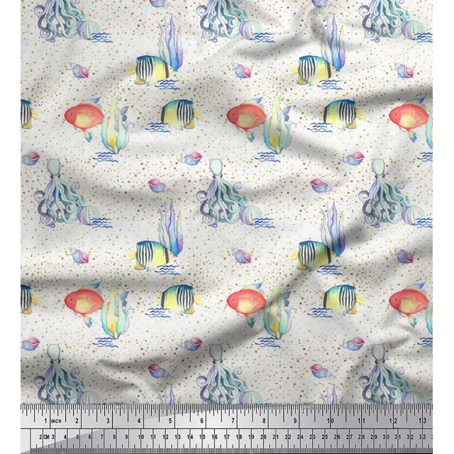 Soimoi Rayon Fabric Fish & Octopus Ocean Print Fabric by The Yard 42 Inch Wide