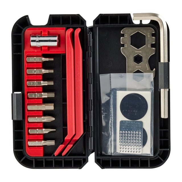 Bell Sports Roadside 600 Trousse d'Outils Compacte dans un Étui Rigide Noir avec inserts Rouges, Contenant un Porte-Mors Magnétique avec Embouts Hexagonaux (2,5 à 6 mm), Philips, à Plat et Torx T25 Embouts, Deux Leviers de Pneu Rouges, une Clé Multifonction avec Tailles de 8, 10, 14, 15 mm, Clés à Rayons, Pièces Sans Colle, un Amortisseur de tube Métallique et une Clé Hexagonale en L de 15 mm, Convient pour des Réparations Rapides de Vélos et l'Entretien Routier.