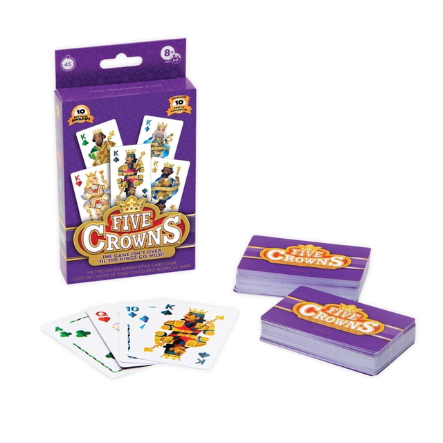 Cinq Couronnes, un Jeu de Cartes Style Rami à Cinq Pièces dans une Boîte Violette avec des Rois Illustrés sur des Cartes, Deux Paquets de Cartes à Dos Violet, et une Main de Cinq Cartes Montrant des Trèfles, des Cœurs, des Diamants et des Piques, Convient aux Joueurs de 1 à 7 Ans et Plus, Souvent Utilisé pour des Soirées de Jeux en Famille.