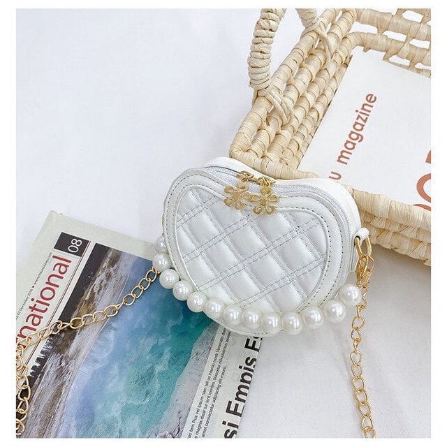 LinYooLi Mini Coin Wallet Pouch Pearl Handle Girls Shoulder Bag Princess Hand Bags Kids Purses Cute Childrens Heart-shaped Crossbody Bag