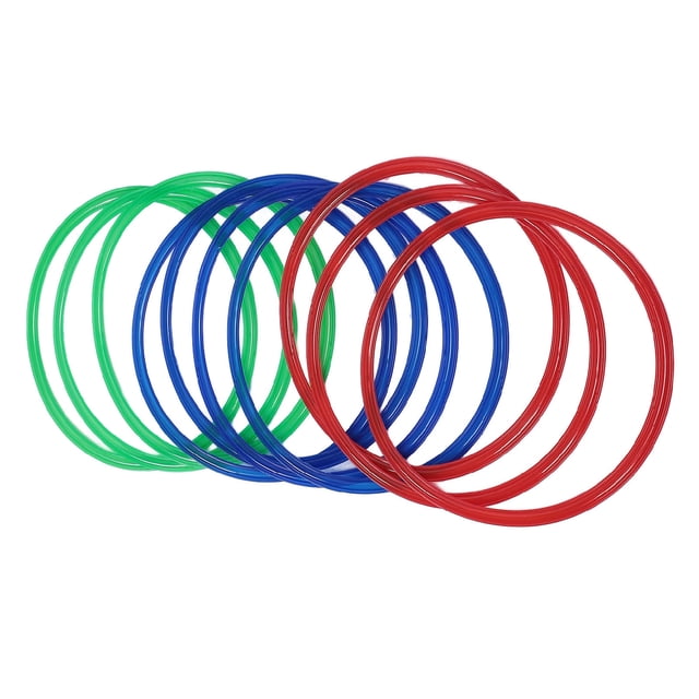 Hoop Ring with Connector Toy, Funny Round Hoops with Connectors Game 11in for Children. The image shows a set of colorful plastic rings in red, blue, and green, designed for sensory training and outdoor play. Each ring has an outer diameter of approximately 28cm (11 inches) and comes with connectors for assembly. The set includes 10 rings and 10 connectors, made from soft, sturdy, and odor-free plastic for safe use.