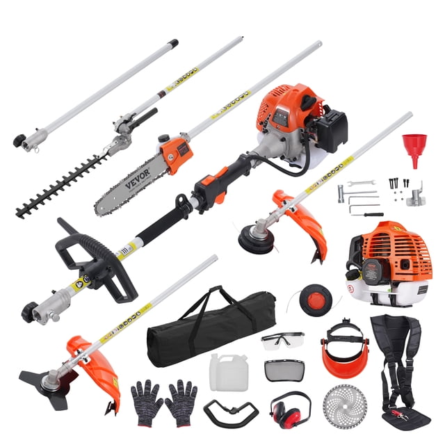 VEVOR 43CC 6-in-1 Multi-Functional Trimming Tools, Gas Hedge Trimmer, Weed Eater, String Trimmer, Brush Cutter, Edger, Pole Saw Chainsaw Pruner with Extension Pole. Front-facing view showing red-and-black two-stroke engine housing, long aluminum extension pole with shoulder strap and detachable cutting heads: hedge trimmer blade, brush cutter 3T blade, grass trimmer head and pole saw guide bar with chain; included gloves, ear protectors and storage bag visible. Suitable for trimming hedges, cutting small branches, edging lawns and often used as a portable pruning tool for clearing small saplings.