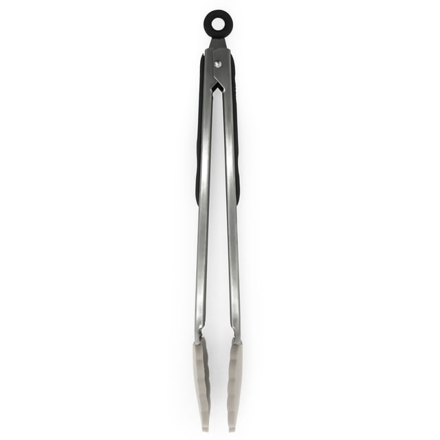 Starfrit Kitchen Silicone Tongs, 30 cm (12 in), Non-Stick Safe, Heat Resistant, centered view of 30 cm stainless-steel handled tongs with grey silicone tips, non-slip grip and locking ring; silicone tips safe for non-stick cookware, heat resistant to 250°C (482°F), suitable for turning, lifting and serving food and often used for BBQ and salad service.