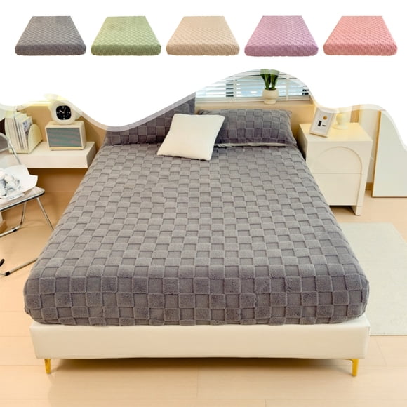 Bowayaoa Protège-Matelas en Molleton Corail Chaud pour l'Hiver, Drap-Housse, Motif à Carreaux en Peluche Douce, Housse de Lit Antidérapante à Poche Profonde pour la Maison