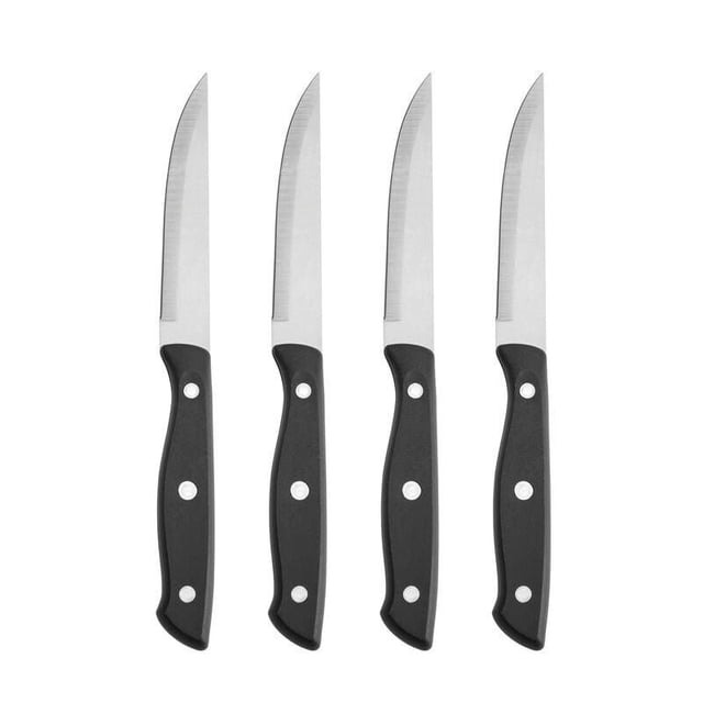 Farberware Ensemble de 4 Couteaux à steak de 4,5 Pouces avec Lames en Acier Inoxydable à Haute Teneur en Carbone et Poignées Ergonomiques Noires avec accents de triple rivet, Conçus pour une Coupe Précise des steaks et des Côtelettes Épaisses dans les Ensembles de Couverts de Cuisine.