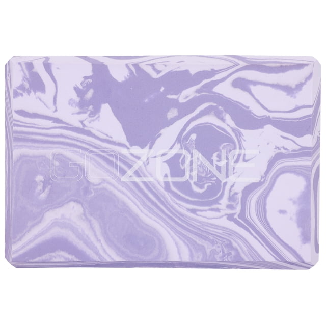 Yoga Block, Marble Print rectangular block with beveled edges, featuring a purple and white marbled pattern and subtle GoZone logo embossing, made from high-density EVA foam to support balance, alignment, and flexibility in yoga practice, ideal for use under hands, feet, or seat.