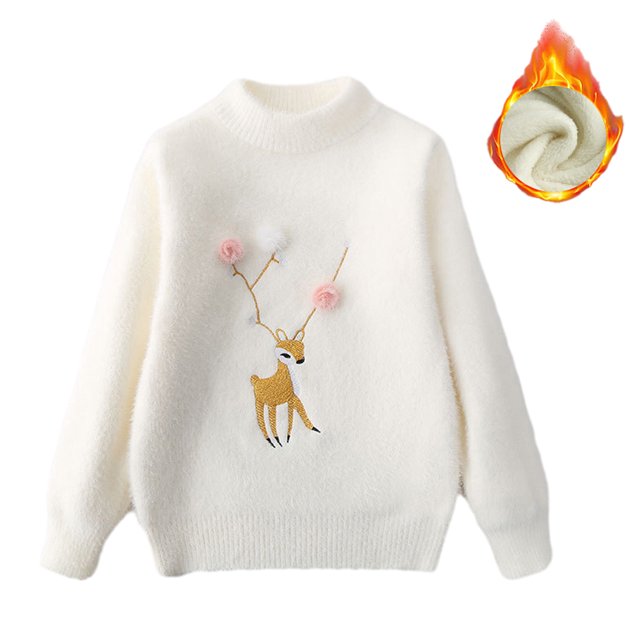 QUDDERR Pull-Over pour Filles et Garçons 2-13T, Col Rond, Tricot en Polaire, Épais, Automne Hiver