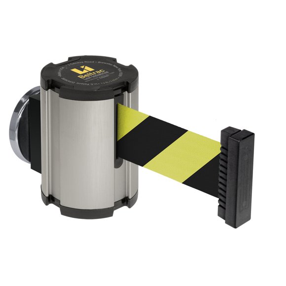 Beltrac 13 ft Magnetic Wall-Mounted Retractable Belt Barrier, Satin with Safety Stripe Belt