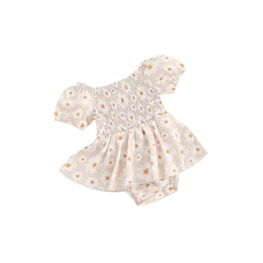 EYIIYE Barboteuse-Robe pour Bébé Fille Nouveau-Né 3M 6M 12M 18M Combinaison à Manches Courtes Col Ras du Cou Justaucorps Plissé à Fleurs Petite Fille Mignonne Vêtements Décontractés pour l'Été Quotidien Fête