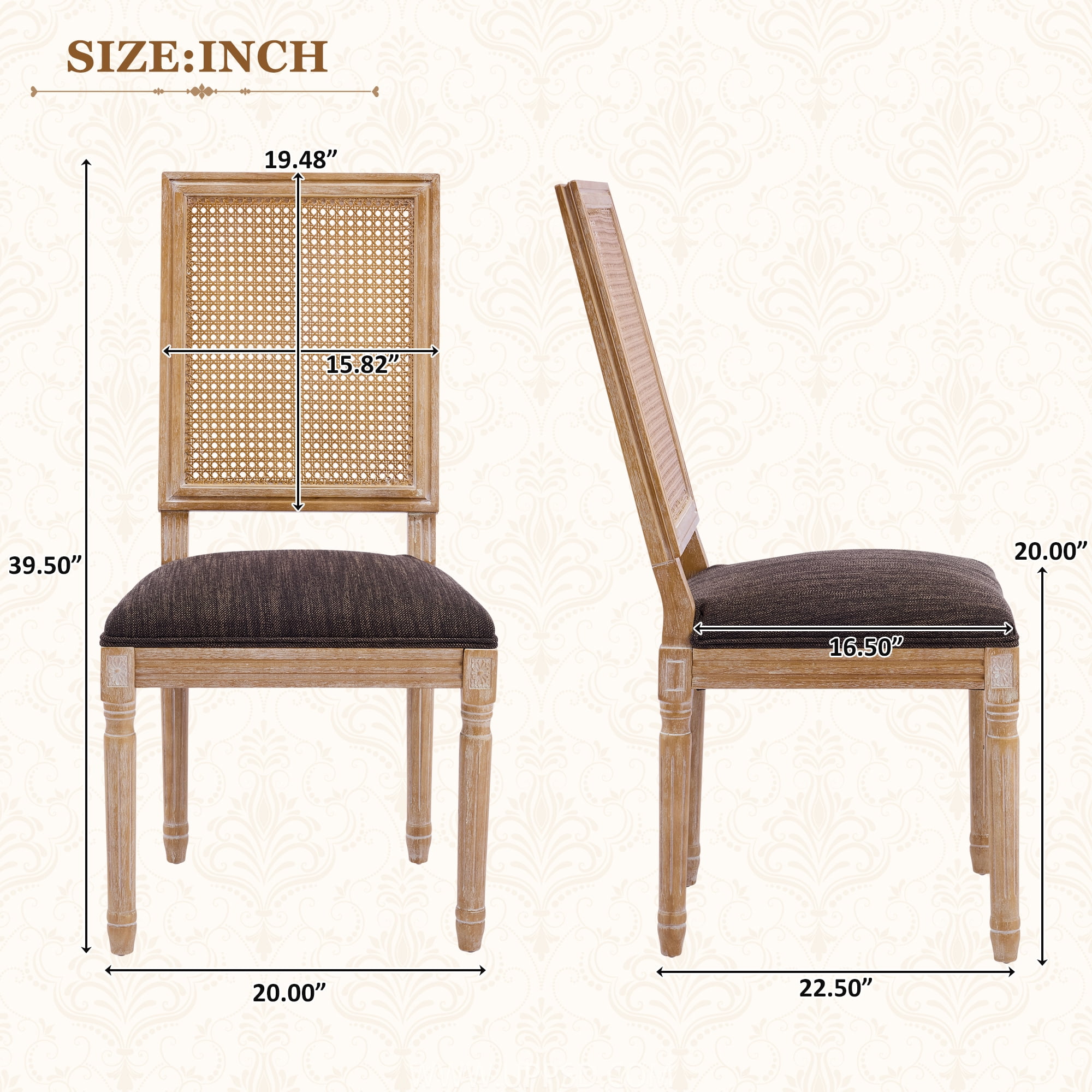 Noble House French Country Dining Chair Set of 2,Rectangular Cane Backrest,Brown